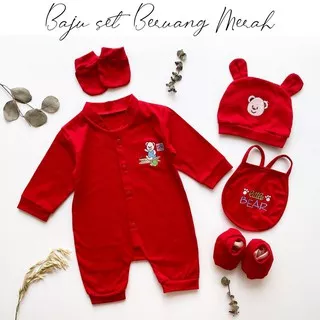 BEAR / TIGER SET BAJU MERAH bayi 1 bulan baju one month jumper bayi baju anak laki giftset lahiran kado cewe