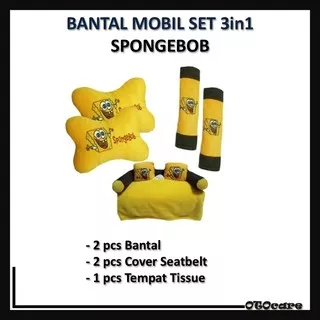 Bantal Mobil SPONGEBOB Set 3in1 Bantal Mobil Cover Seatbelt Tempat Tissue karakter Spongebob