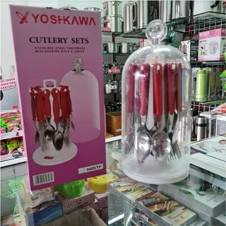 9503-TP Cutlery Sets Yoshikawa Sendok garpu set Yoshikawa dengan tutup, total 24pcs, Ready Merah, Hijau dan Hitam