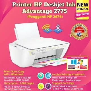 Printer HP Deskjet 2775 2776 WiFi AiO Print Scan Copy WiFi Bluetooth Wireless & Cartridge Tinta 682