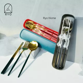 [ RYO ] DIN Alat Makan Korea TRAVEL SET / Sendok Garpu Sumpit dengan Wadah / Spoon Fork Chopsticks /  Peralatan Dapur / Kitchenware