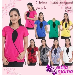(Christa) Kaos menyusui Estila Mama lengan pendek Putih/Pink/Kuning/Biru/Hijau/Bunga S/M/L/XL