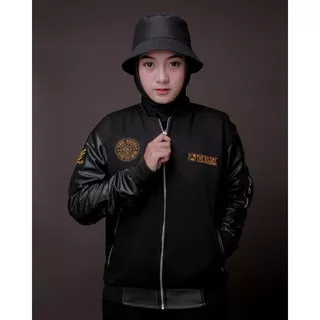 JAKET BOMBER UNISEX PILOT KARLIT KOMBINASI FLEECE BORDIER - JAKET BOMBER SEMI KULIT MURAH TERLARIS