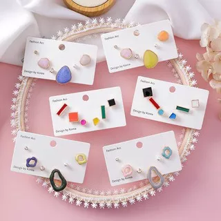 XiaoboACC 6Pcs/Set Anting Tusuk Asimetris Model Geometri Warna Permen Gaya Korea untuk Wanita