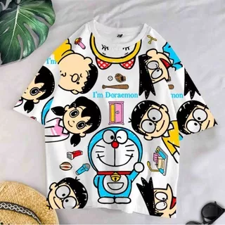 KAOS WANITA OVER SIZE DORAEMON AND FRIENDS BAJU DISTRO KEKINIAN KAOS LENGAN PENDEK KATUN COMBED 30S