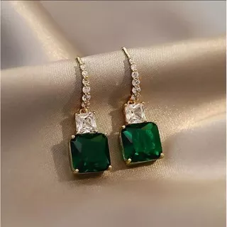 Zamrud stud earring / anting tusuk premium hijau batu zamrud rhinestone