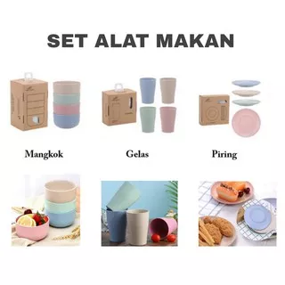 PERALATAN MAKAN MINUM SET 4 PCS BAHAN JERAMI GANDUM WHEAT STRAW TABLEWARE DISH GELAS PIRING MANGKUK