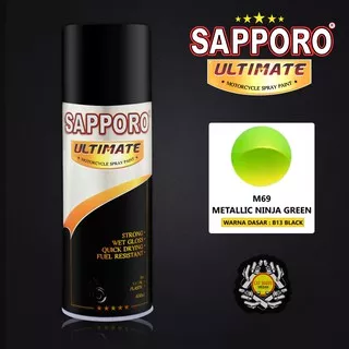 SAPPORO ULTIMATE M69 METALLIC NINJA GREEN CAT SEMPROT 400 ML CAT MOTOR AEROSOL PYLOX HIJAU METALIC METALIK NINJA 2 TAK 1 TAK HIJAU MUDA M 69 PILOKS PILOX PILOK DITON PREMIUM SAPORO SAMURAI SHOGUN MEDAN BINJAI SUMATERA