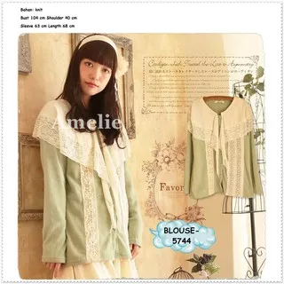 Baju Atasan Blouse Wanita Jepang Mori Kawaii Import Lace Brukat Green Brown