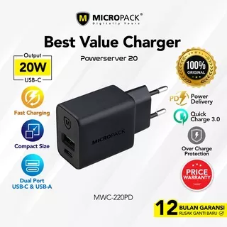 Micropack Wall Charger 20 Watt Dual Port PD + QC 3.0 Power Server for iPhone 12 (MWC-220PD)