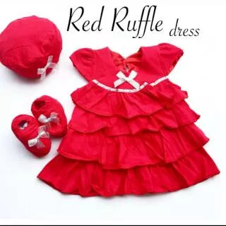 Baju fashion dress merah set sepatu topi newborn untuk acara 1 bulan anak bayi perempuan