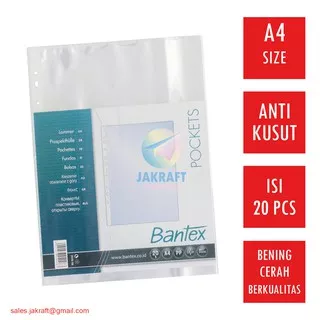 (20 Pcs) Sheet Protector BANTEX PP Pocket 8040-08 | 2040-08 A4 0.06 mm Plastik Anti Static Kantong Dokumen File Ordner Binder 8040 08 | 2040 08