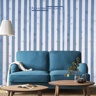 Wallpaper Dinding Garis Putih Biru Bintang Stiker PVC Kamar Anak Ruang Tamu Dapur Meja Pintu Lemari