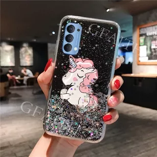 Ready Kesing Ponsel OPPO Reno 5 2021 Indonesia Version Back Cover Cute Cartoon Unicorn Glitter Bling Transparent Case Softcase Full Stars With Water Stand Holder Phone Casing hp Reno5