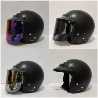 Helm Bogo Cargloss Retro Hitam Doff kaca datar visor flat