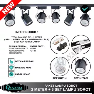 Paket Lampu Sorot 1 set isi 6 + Rel 2M LED Track Light Rel Spotlight - BODY HITAM