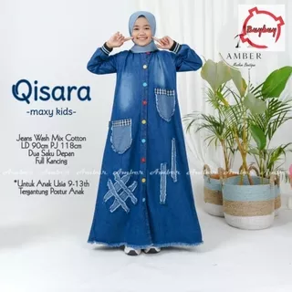 Qisara Maxy Kids gamis anak biru jeans levis Dress Motif Kotak kotak usia 9-13 th by Amber