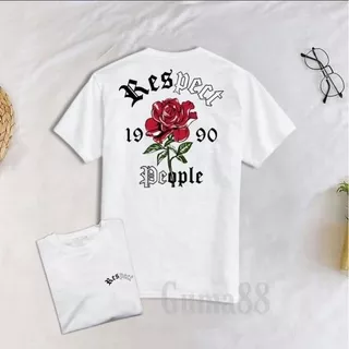 Kaos Bunga Mawar RESPECT Atasan Baju Kaos Pria Distro Lengan Pendek Combed30s Putih