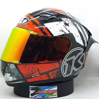 Helm KYT R10 seri 3 red fluo full face black paket ganteng