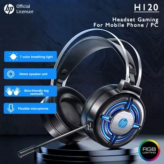 Headset Gaming HP H120 - Diameter Speaker 50mm / Koneksi 2x Jack 3.5mm untuk Mic & Audio dan USB untuk menyalakan LED / Kompatibel untuk Windows - MacOS & Handphone / RGB LED / Gaming Headset / Headphone Gaming / Garansi 1 Tahun