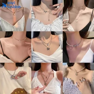 Fashion Butterfly Pearl Necklaces Choker Korean Crystal Heart Necklace Gold Silver Women Jewelry Accessories