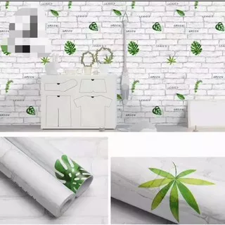wallpaper dinding motif batu bata vintag putih daun hijau