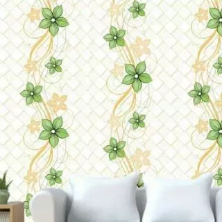 Wallpaper Dinding Sticker Bunga Hijau Kotak Emas