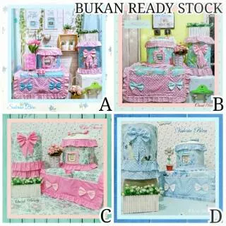 PREORDER GKM Shabby Biru Tosca Pink Sarung Galon Kulkas Magic Com Shabbychic Bunga Kitchen Set Dapur