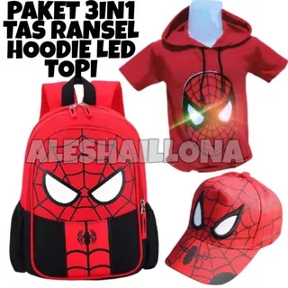 0Baju anak led hoodie karakter Spiderman Kapten amerika gratis tas ransel  topi bordir