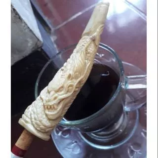 Pipa once udud cangklung selotong rokok gading akar bahar putih salju ukir naga galak