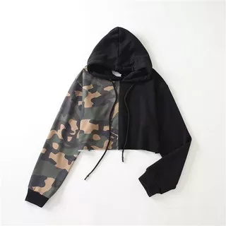 Two Tones Camouflage Hoodie Sweater | crop cropped hoodie motif loreng tentara army hitam khaki colorblock