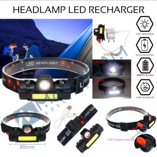 headlamp senter kepala camping hiking mancing led recharge