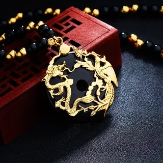 Kalung Liontin Batu Mata Kucing Naga Phoenix Hollow Warna Emas Gaya Vietnam Untuk Pria Dan Wanita