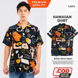 Kemeja Motif Pria Lengan Pendek Distro Baju Pantai Pria Kemeja Kasual Slimfit Bahan Katun Rayon Halus Lembut Model Vintage Retro Kerah V Neck Terbaru Kekinian Original Premium Unisex Biru Navy Hitam