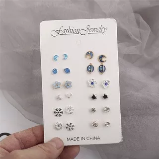 12Pairs Fashion Crystal Diamond Moon Star Stud Earrings Set Women Jewelry Girlfriend Gift