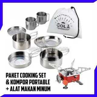 Paket Alat Masak Cooking Set & Kompor Portable terlengkap ada piring dan gelasnya juga loh