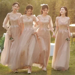 Gaun pengiring pengantin Solani sampanye 2022 baru saudara perempuan kelompok gaun pengantin rok wanita peri temperamen super bisa dipakai setiap hari di musim panas