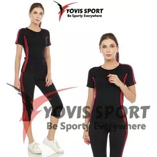 Setelan Baju Senam /Olahraga Setelan Celana pendek 7/8 Wanita terbaru - Hitam-Hitam, L