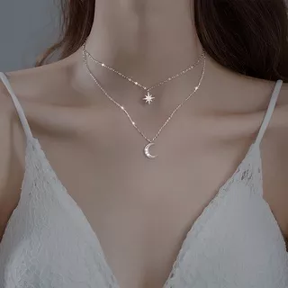 Fashion Star Moon Pendant Necklace Kalung Elegant Silver Multi Layer Chain Necklaces for Women Jewelry