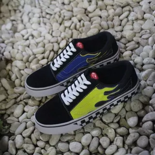 SEPATU VANS OLD SKOOL MOTIF API BIRU KUNING SNEAKERS CASUAL IMPORT PREMIUM