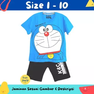 SETELAN BAJU+CELANA Kaos Anak Laki-Laki Doraemon Biru 1-10 Tahun Trefinshop.id