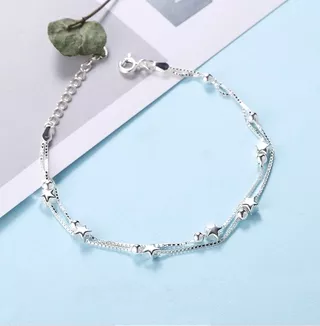 [ Ready Stock ] Classic Bracelets / Double Layer Star  Round Beads Bracelets /Silver Color Bracelets / Stars Charm Bracelet