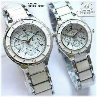 JAM TANGAN COUPLE PRIA WANITA CHANEL RANTAI CHROME KERAMIK STAINLEES IMPORT CH001 PUTIH