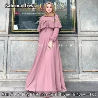 Baju Gamis Wanita Muslim Sabrina Maxy Dress Fashion Perempuan Dewasa Remaja Cewek Putri Ibu Modern Terbaru Pakaian Muslimah Busana Santai Sehari hari Modis Simple Nyaman Kekinian Maxi Ceruty Babydoll Polos Pita Gold Cantik Best Seller Good Quality COD