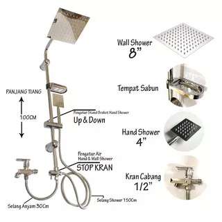 Shower Tiang Set Coulomn Stainless Steel Shower + Kran Cabang Shower 1/2