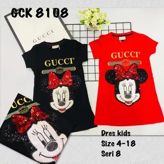 Baju Kaos Dress Anak Perempuan Cewe Import Gucci Mickey Hitam Merah