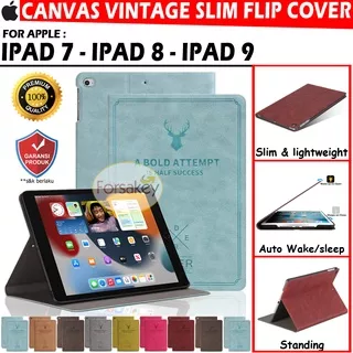iPad Generasi 9 9th Gen 10.2 inch 2021 Canvas Vintage Deer Slim Bookcover Flipcover Leather Flip Case Casing Cover Sarung Kesing Motif