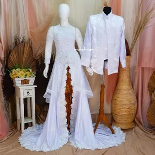 Kebaya Gaun Akad Lamaran Putih Couple Pengantin Resepsi Modern Ekor Satin Tile Polos Payet Hallon