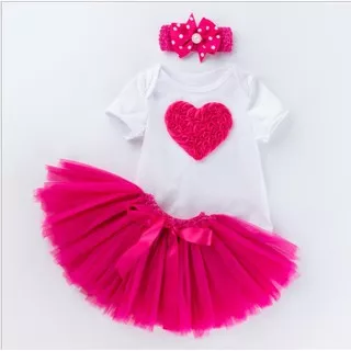 Set jumper tutu bayi dan bandana bayi baju romper /jumper anak perempuan motif hati merah  premium