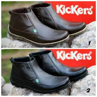 Sepatu Boots Pria Kickers Casual Resleting Semi Boot Kulit Sapi Hitam Murah Kuat Ringan Formal Jalan